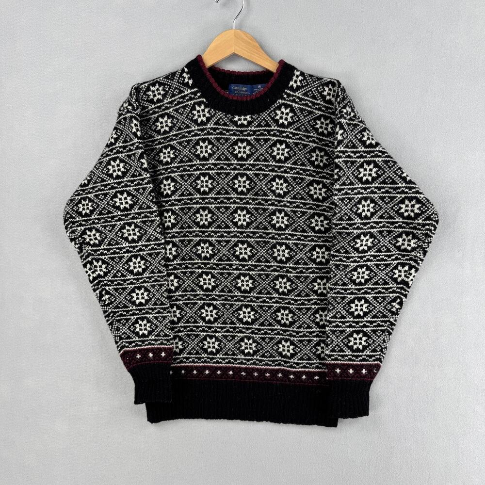 Vintage Cambridge Classics Sweater Mens Medium Black Wool Fair Isle Crewneck
